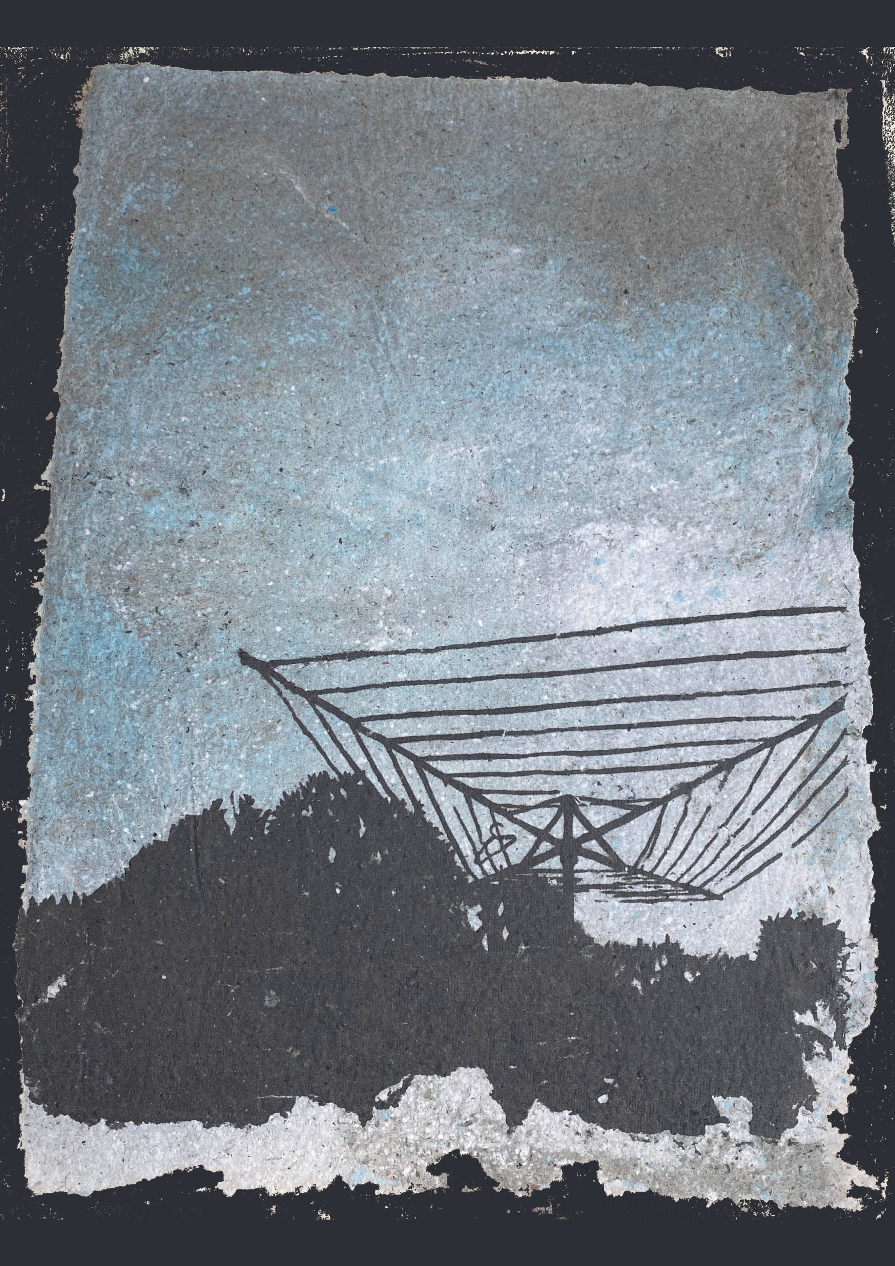 ​Artist: Andrea Baumert Howard Title: Last light of the day ​​Judges' comments: Beautiful use of recycled paper and clever composition, with the painted location positioned off-centre. The sky is beautifully subtle, and the artist shows great technical skill with paper pulp. The organic, rugged edges give it a lovely, natural quality​