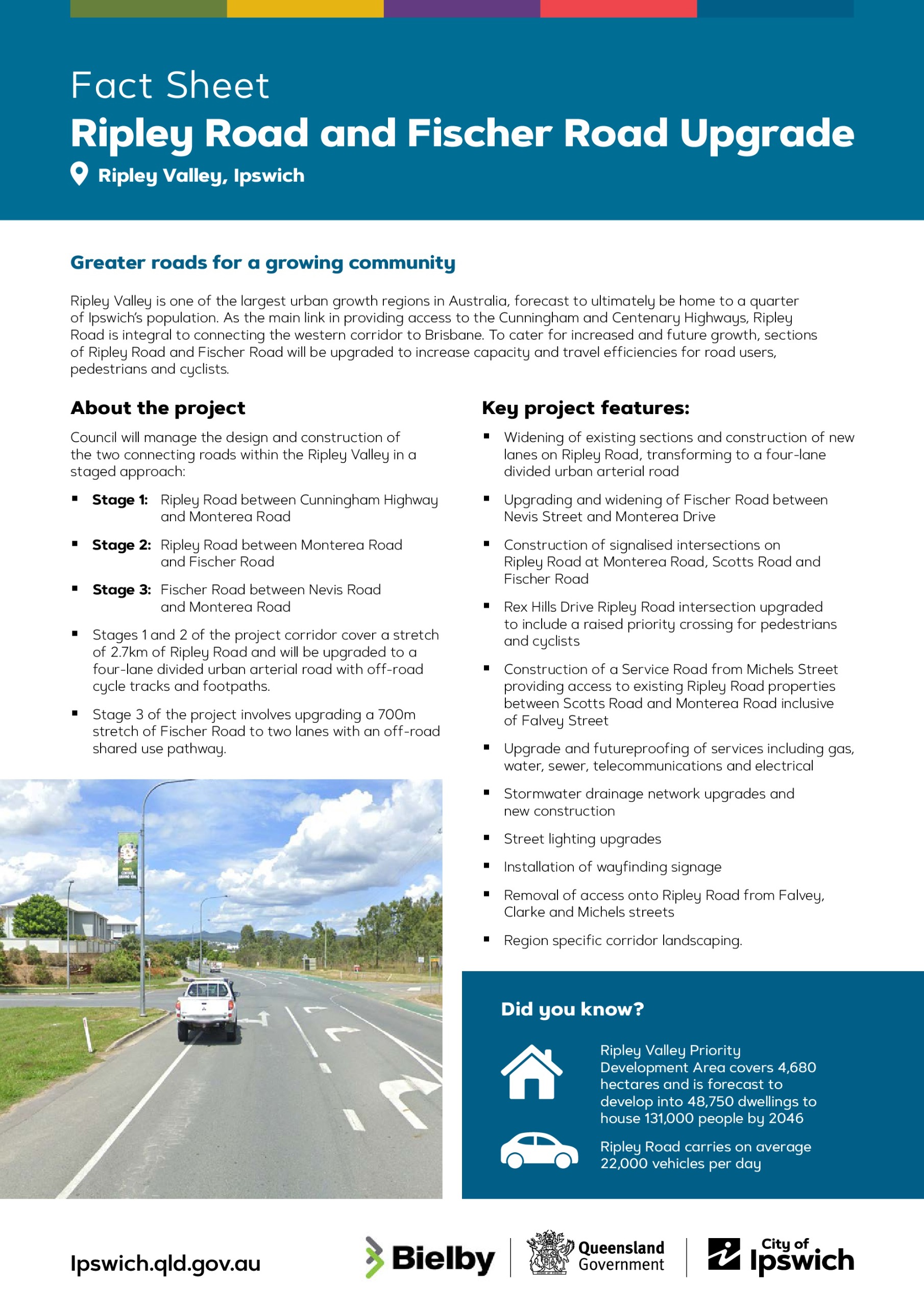 This document outlines upgrades to Ripley Road and Fischer Road in Ripley Valley, Ipswich, to support rapid population growth. Ripley Road will become a four-lane road with new intersections, safer crossings, and improved utilities. Fischer Road will also be widened and upgraded. The project is staged from 2026 to 2030, aiming to boost road capacity, reduce congestion, and improve safety as the area grows.