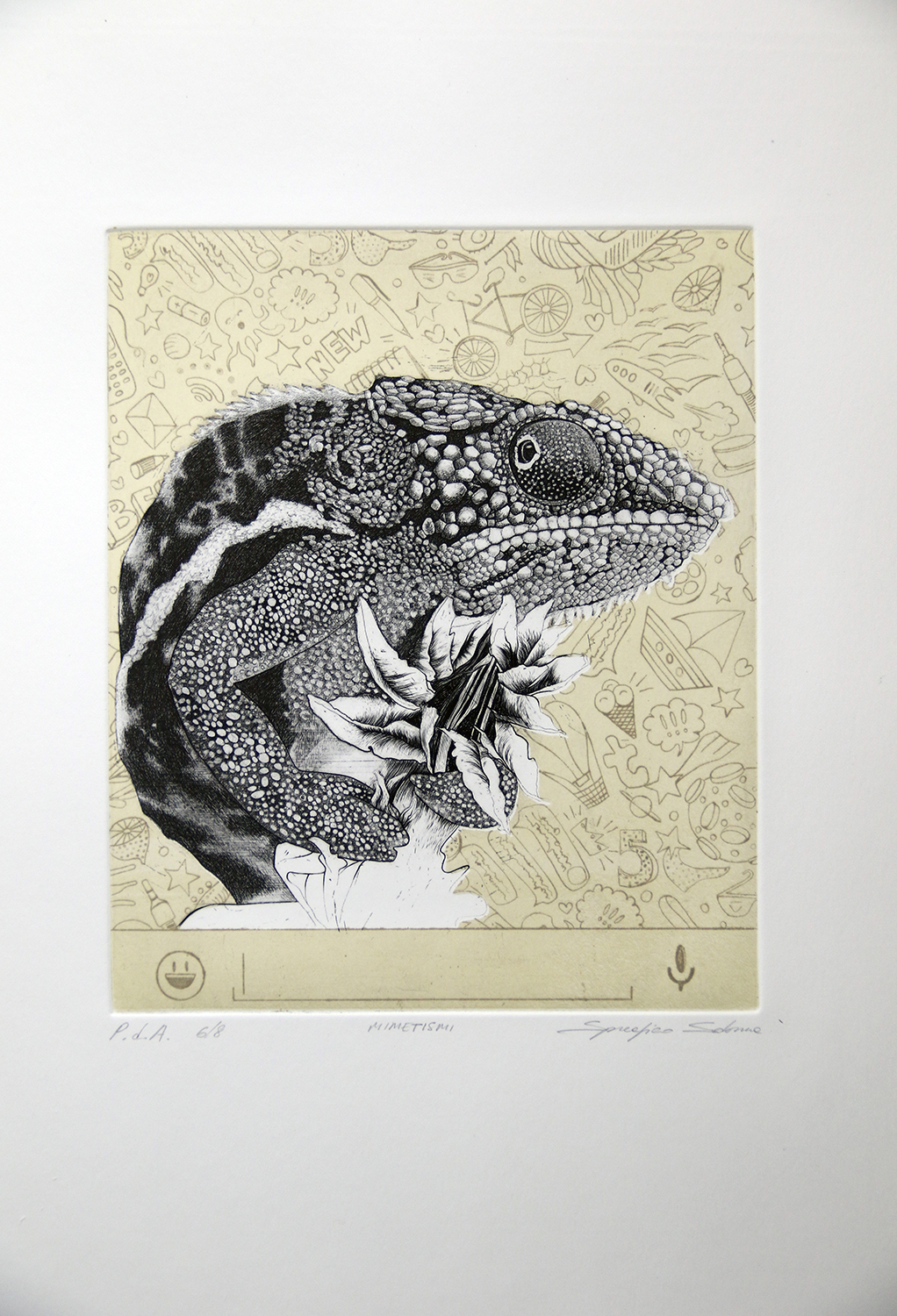 ​Artist: Sabrina Spreafico Title: Mimetismi (Camouflage) Judges' comments: Stunning work, both technically and compositionally. Two distinct layers create great depth and complexity. Brilliant use of rolling-back printmaking technique, rarely seen. Highly skilled and professional execution.​​