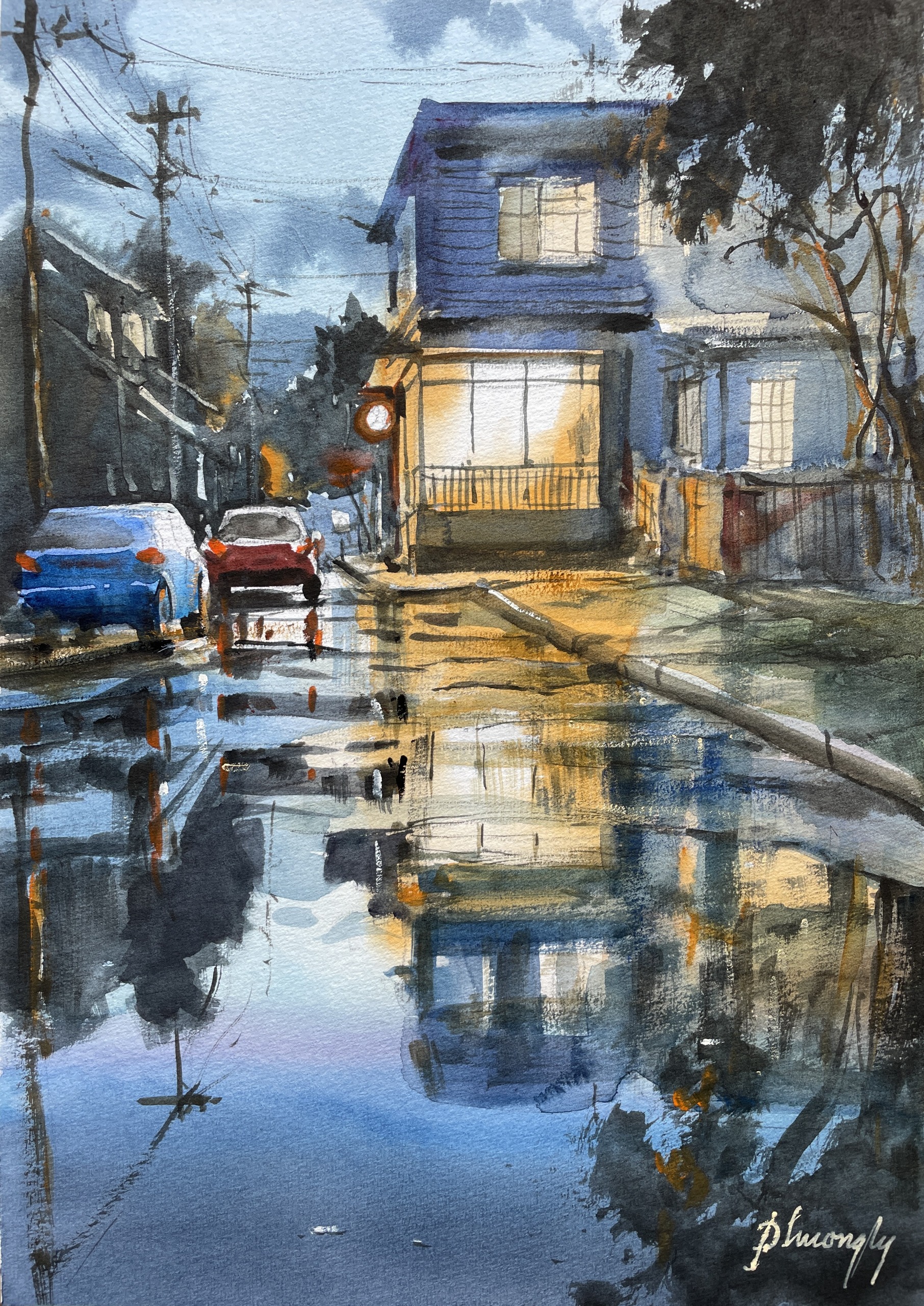 ​​Artist: ​Phuong Ly ​Title: ​Warm Lights  Judges' comments: Although it appears spontaneous, this work demonstrates strong technique in perspective, contrast and composition. It captures the atmosphere of a rainy day beautifully and draws the eye naturally through the scene.​
