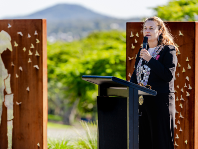 Ipswich Mayor Teresa Harding speaks at the opening ceremony of the Queens Park Ceremonial, Healing and Remembrance Place