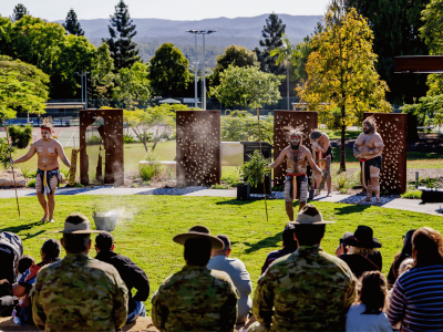 Nunukul Yuggera dancers perform at the opening of the Queens Park Ceremonial, Healing and Remembrance Place